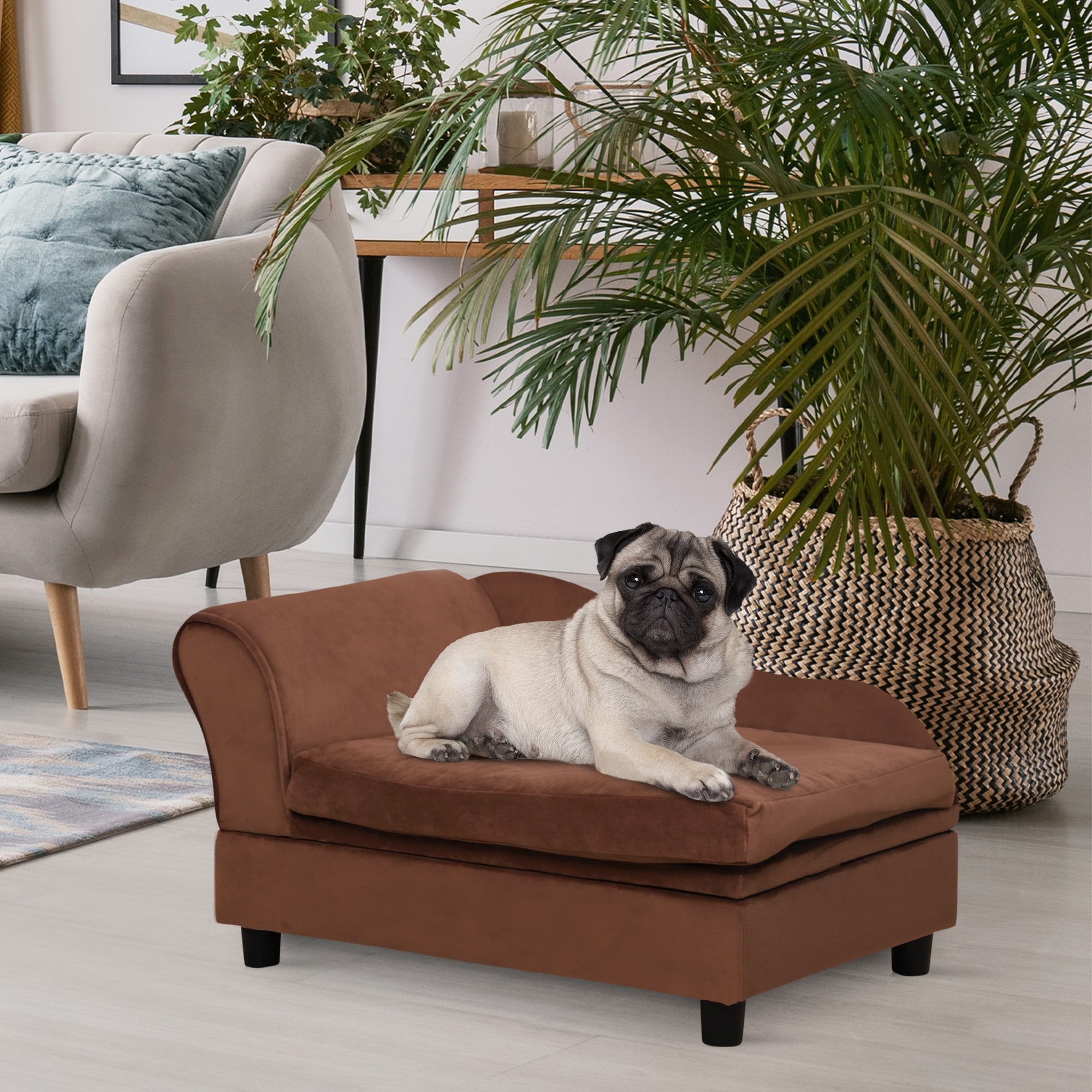 PawHut Luxury Dog Couch with Hidden Storage, Small Dog Sofa Bed, Foam Cushion, Modern Pet Furniture, Brown