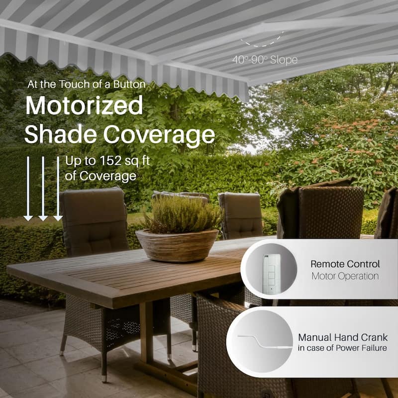 ALEKO Caribbean Motorized Patio Awning - White Frame - Seagull Gray & White Striped - 16 x 10 Feet