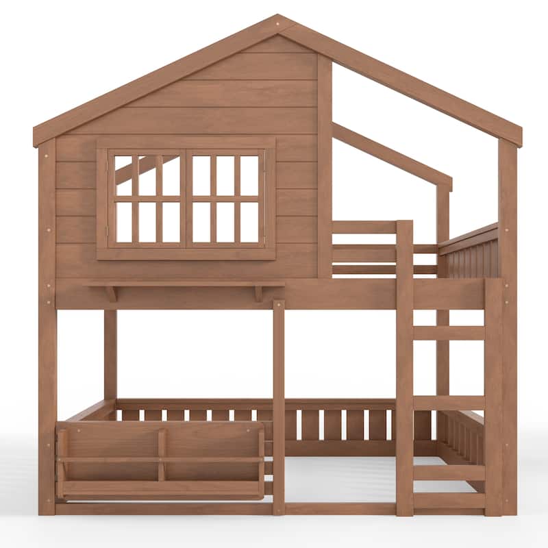 Fairytale House Bunk Bed Kids Loft Bed Frame with Bookshelf and Shelf
