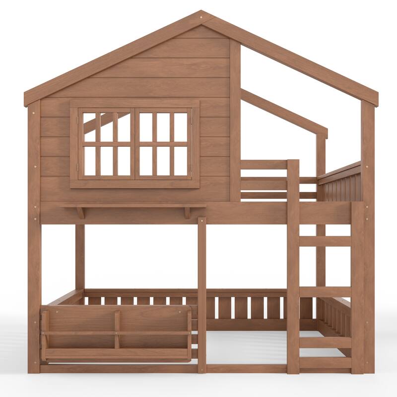 Full/Twin Bunk Bed with Bookshelf, House Design Loft Bed with Safety Fencing, High-Quality Kids Bed Frame