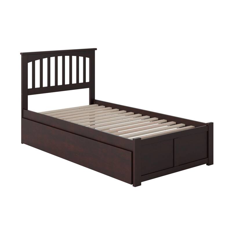 Twin Size Platform Bed with Trundle, USB Port - Espresso Finish, No Box Spring Needed, Modern Design