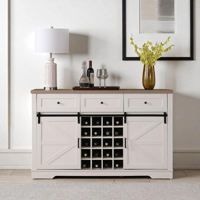 Farmhouse Wine Bar Cabinet with Sliding Barn Door, 58" Kitchen Coffee Bar Cabinet with Wine Rack & Storage - White