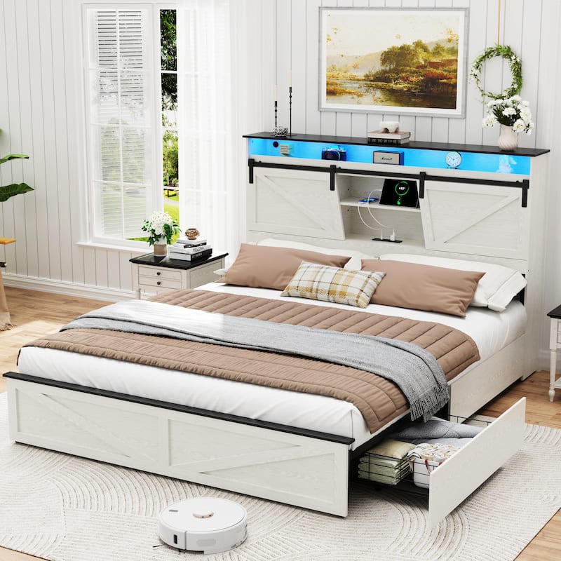 Farmhouse Storage Bed Frame with Storage Headboard, Charging Station and LED Lights, Optional Platform Bed with Drawers