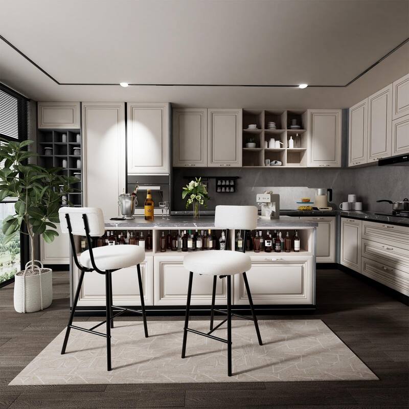 Boucle Upholstered Bar Stools Set of 2, Modern Counter Height Bar Chairs with High Back, Footrest and Metal Leg