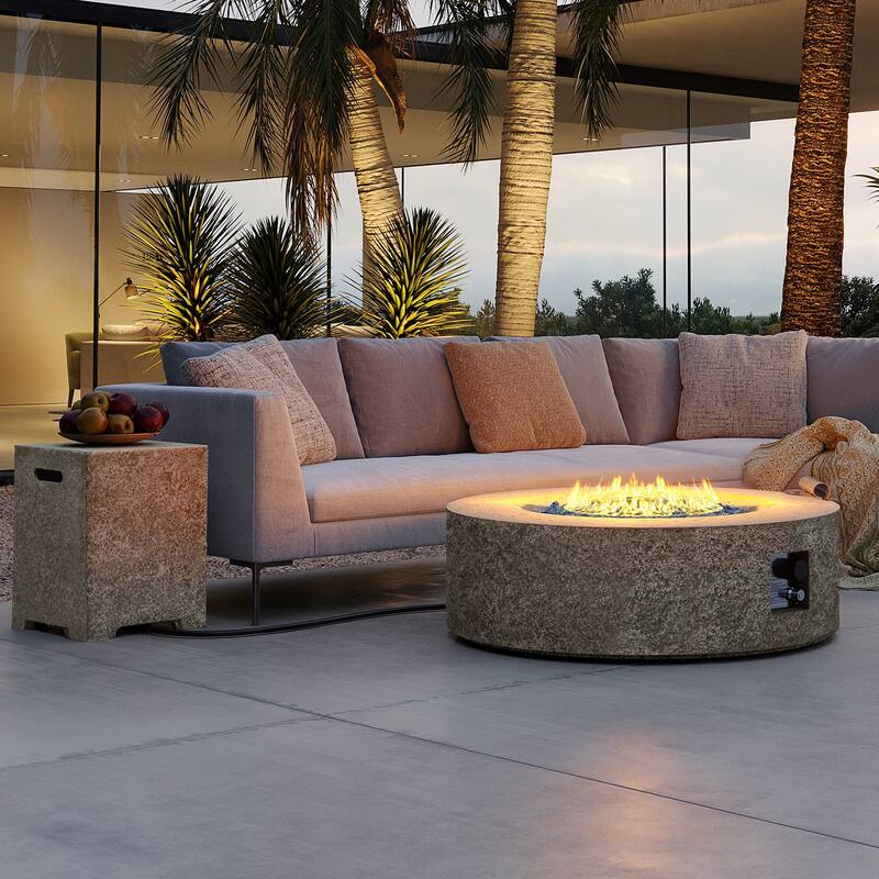 Patio Watcher 42in. Outdoor Round Magnesium Oxide Fire Pit Table with Gas Tank Cover - BEIGE
