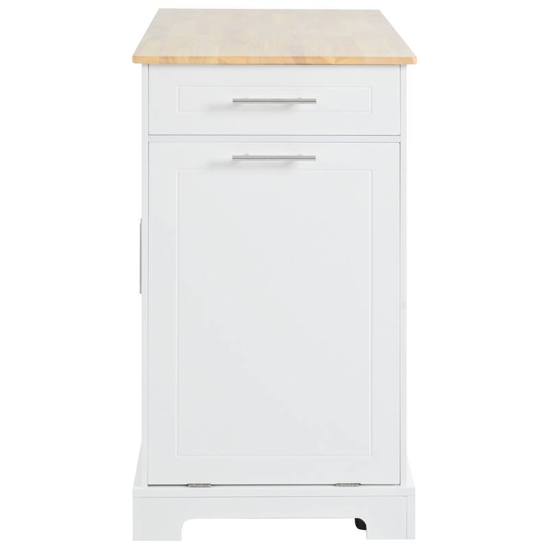 Fluted Kitchen Island with Trash Can Storage Cabinet,Power Outlet, Rolling Islands on 5 Wheels with 3 Drawer,3 Open Side Racks