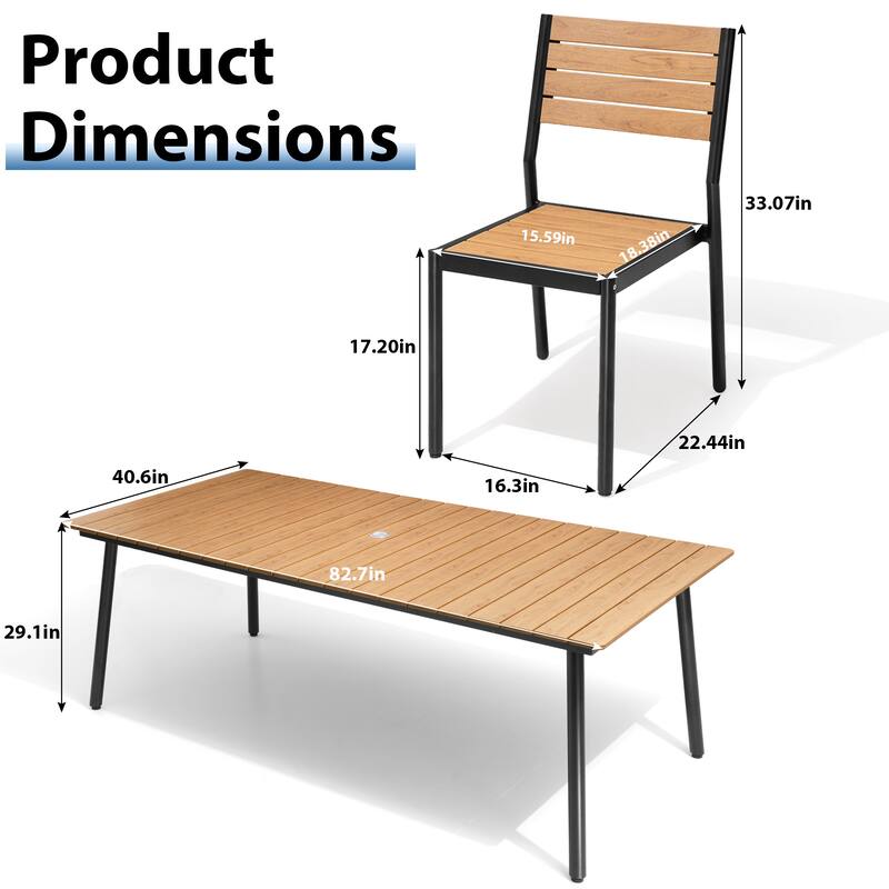 7-Piece Outdoor Patio Dining Set Wood-Like Table Top Alumium Umbrella Hole Table with Stackable Armless Dining Chairs