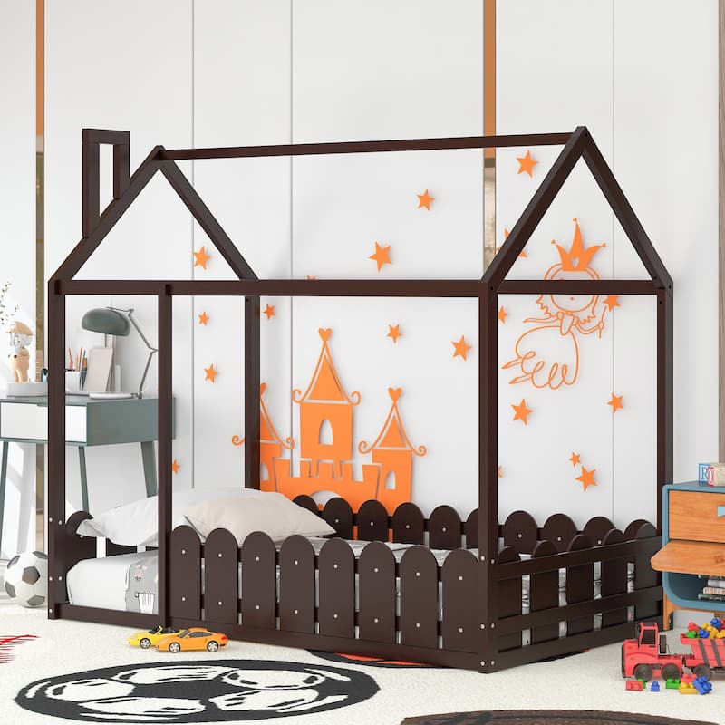 Twin Size Wood Bed House Bed Frame with Fence