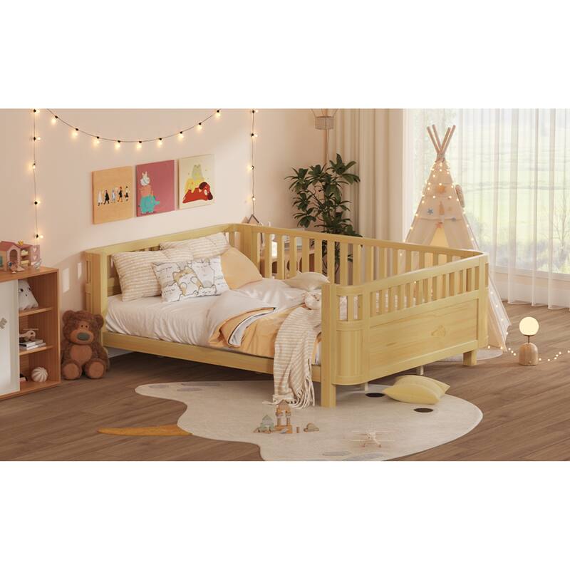 Roomfitters Queen Platform Bed, Low Profile Slatted Daybed with Wooden Frame and Removable Guardrails for Bedrooms