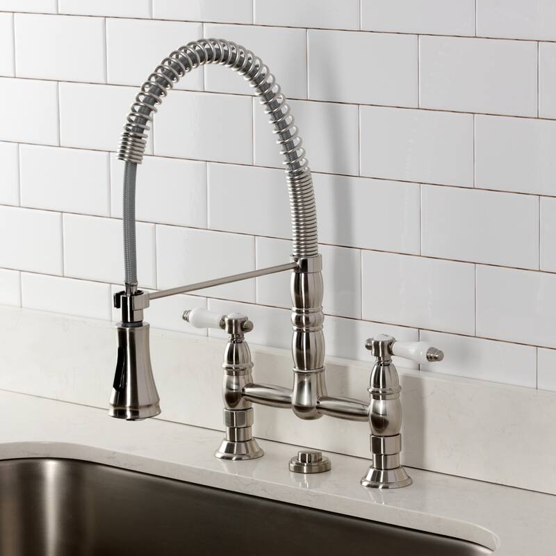 Kingston Brass Essex Double-Handle Wall-Mount Pre-Rinse Bridge Kitchen Faucet