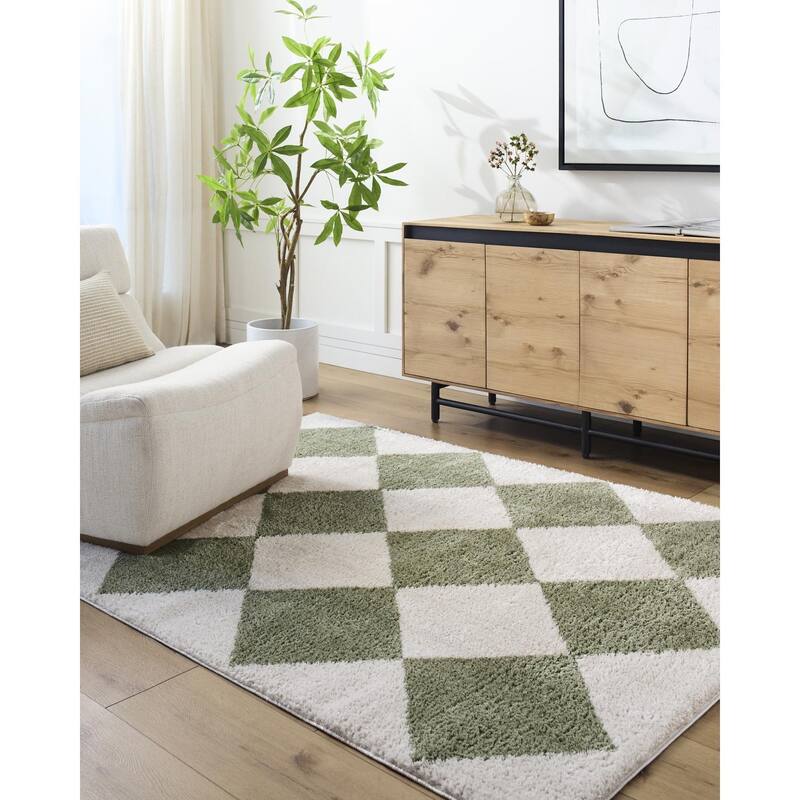 Livabliss Scandinavian Fossay Shag Diamond Washable Area Rug - 6'7" x 9' - Light Beige/ Grass Green