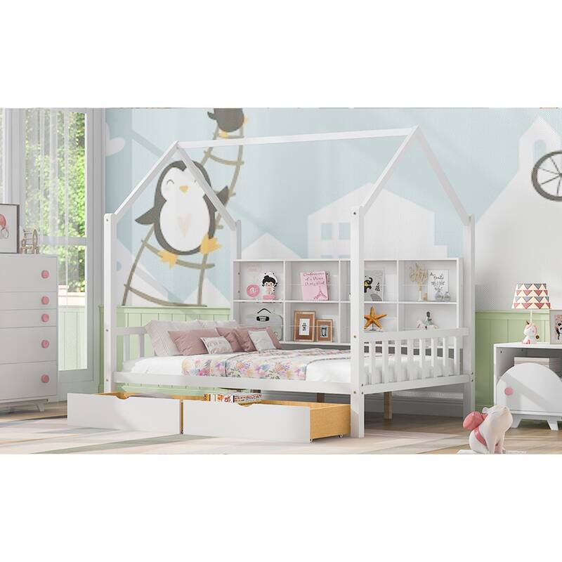 Montessori House Bed for Kids - Full/Twin with Storage Drawers & Shelf