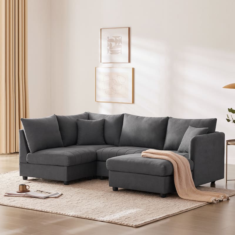 Modular L-Shaped Sectional Sofa with Movable Ottoman, 5 Seat Corner Couch with Throw Pillows, Comfy Cloud Upholstered Sofa