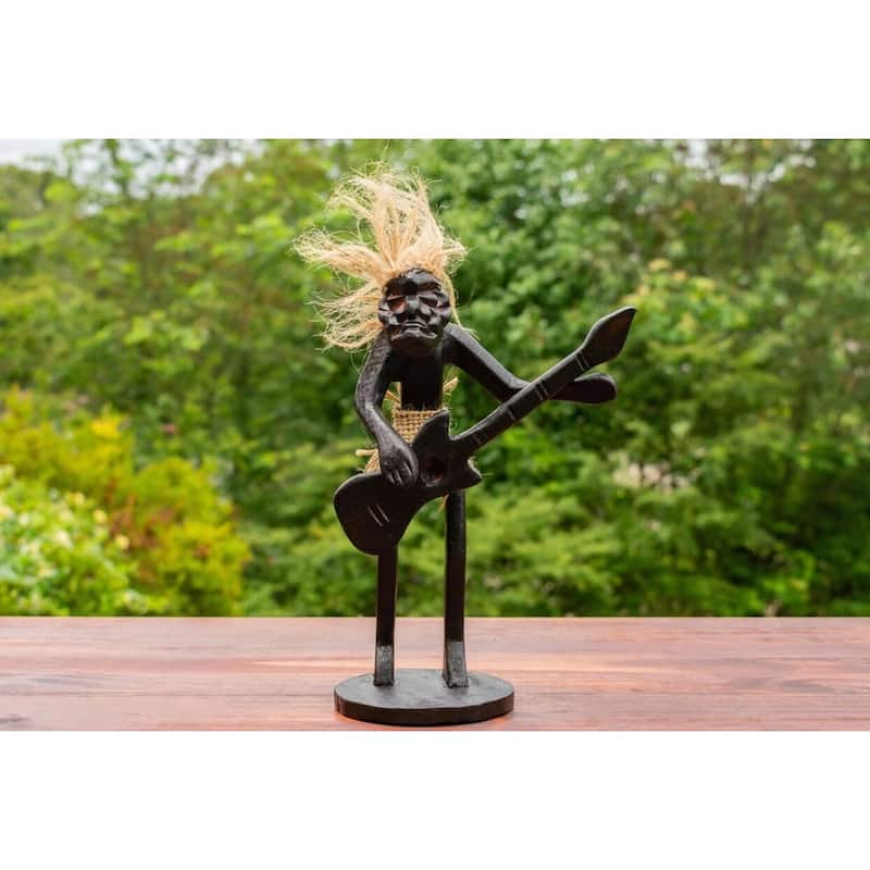 Handmade Wooden Primitive Guitarist Tribal Funny Statue Sculpture Tiki Bar Handcrafted Gift Decor Playing Guitar Standing Up