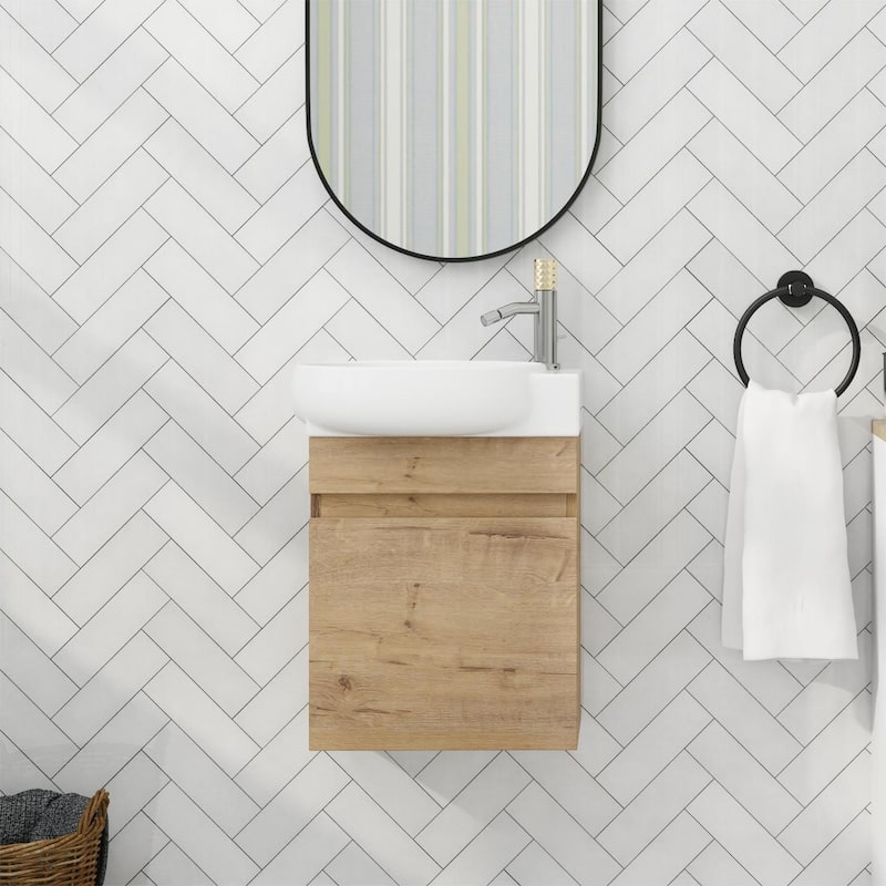 Bathroom Vanity With Sink In 16/18/23 Inch, Floating/Freestanding Bathroom Vanity With Soft Close Door - 16.8"W-Ceramic Sink（Assembly Required） - Imitative Oak
