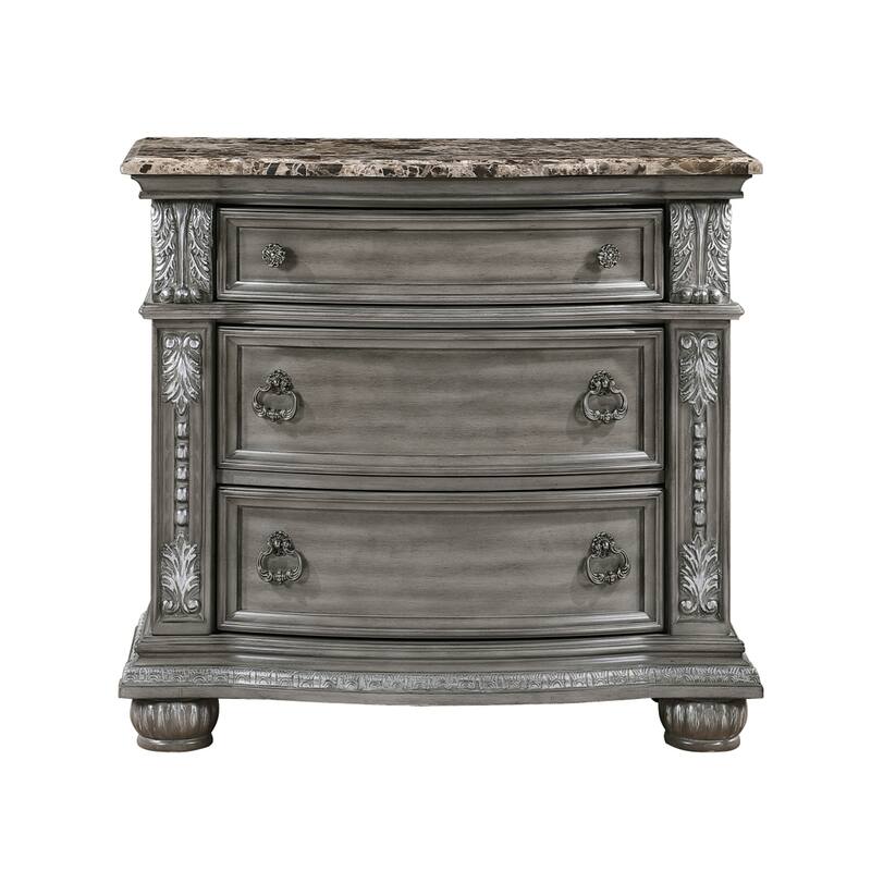 Toga 3 Drawer Nightstand, Gray Acacia Wood Carved Details, 35 Inch