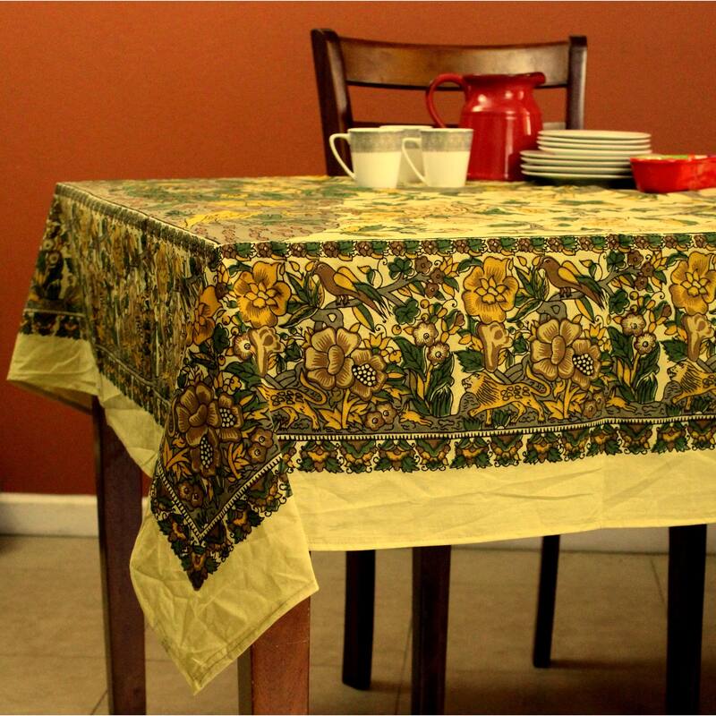 Vibrant Cotton Floral Tree Of Life Tablecloth Collection - 72 x 72 in - Beige Yellow