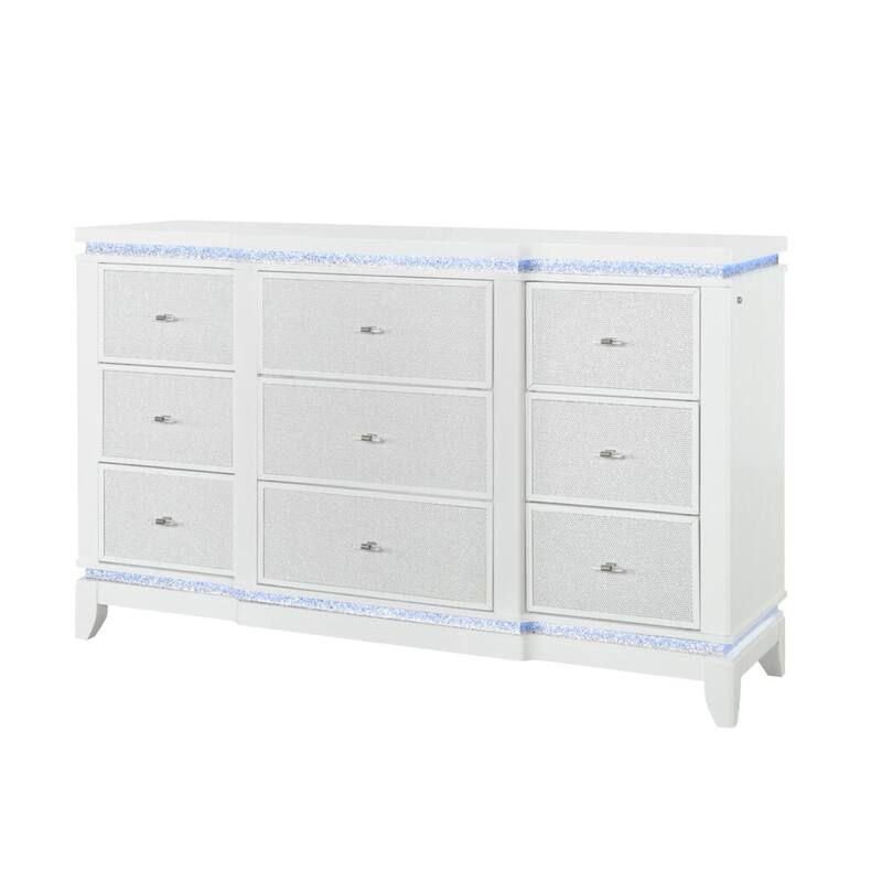 HomeRoots 62" White Faux Crystal Glitter Wood Lighted Nine Drawer Triple Dresser