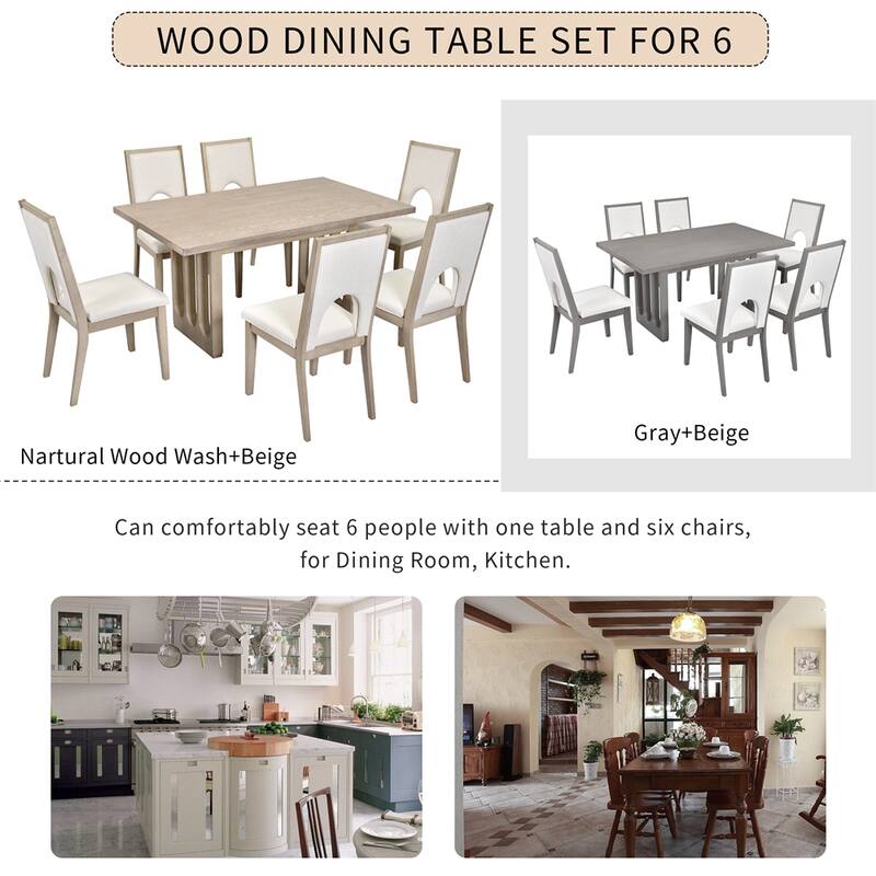 Wood Dining Table Set for 6, 1 Dining Table & 6 Upholstered Chairs
