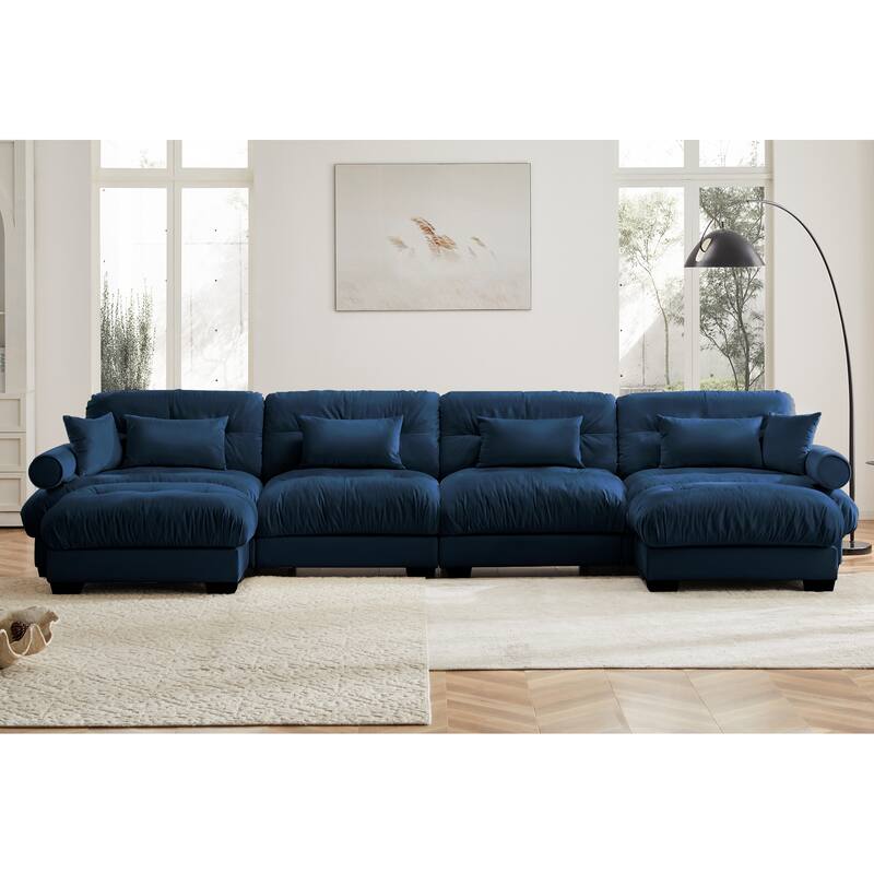 166" Velvet U-Shaped Sectional Sofa with Ottomans & Pillows