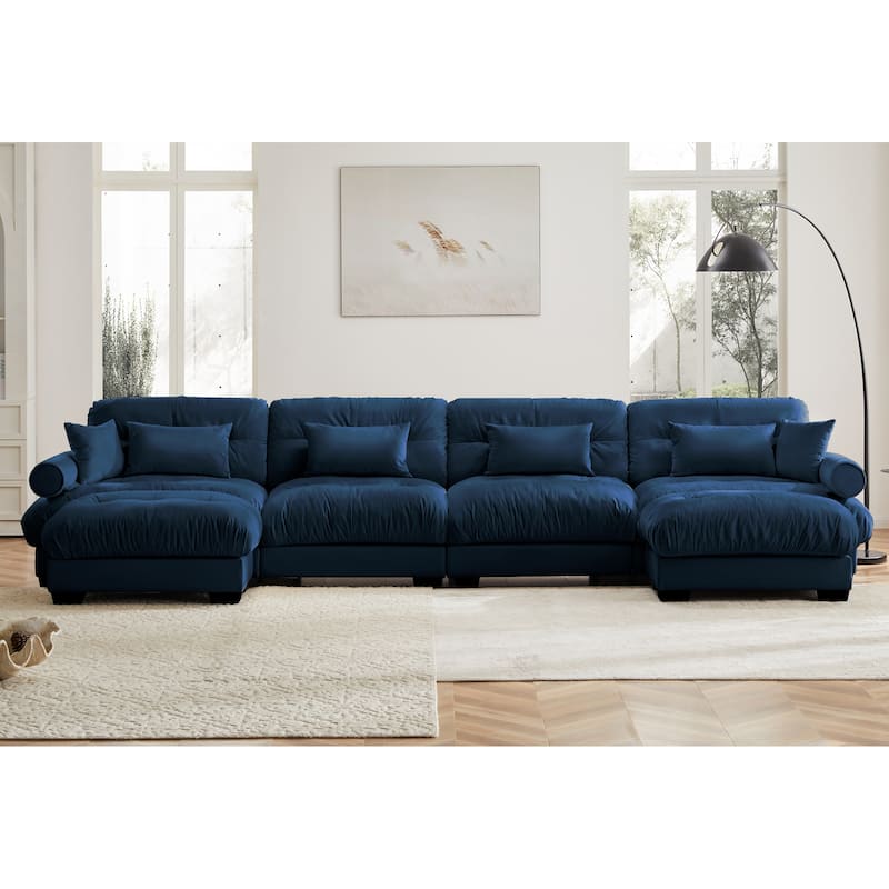 Oversized 4-Seater Velvet Modular Sectional Sofa, 166" U-Shaped Couch Set with Ottoman, Modern Tufted Upholstered Sofa