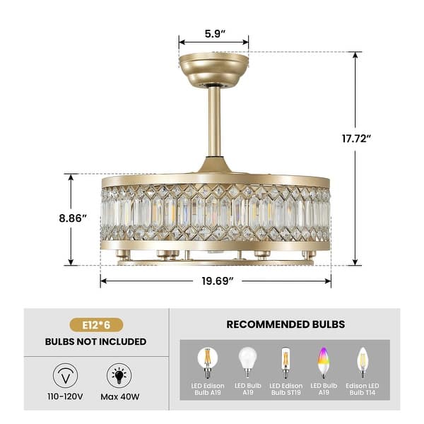 19.69" Crystal Ceiling Fan with Lights and Remote, Gold - 19.69''
