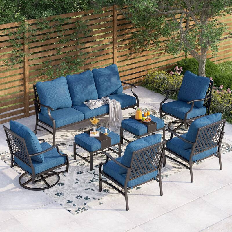 MAISON ARTS 6/7-Piece Patio Conversation Sets, Sofa Set with 2/4 x Single Chairs, 1 x 3-seater Sofa and Coffee Table/Ottomans - Set 5 - Peacock Blue