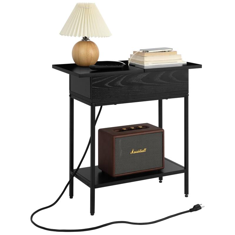 Flip Top Narrow End Table with Storage and Built-In Outlets, Small Side Table