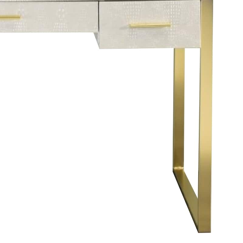 San 50 Inch Textured Vanity Desk with Round Mirror, Gold Sled Base, White