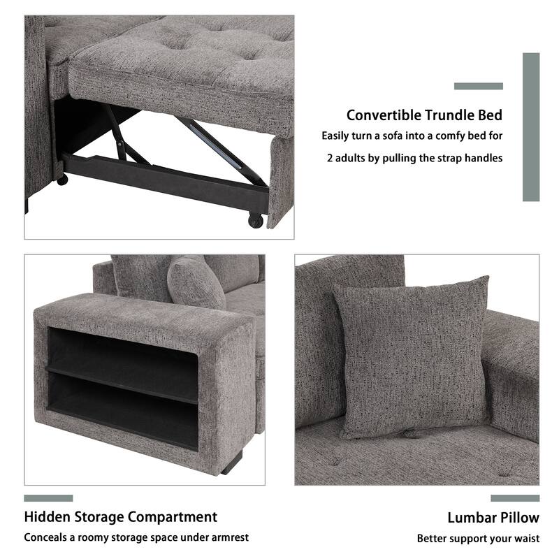 Modern L-Shape 3 Seat Reversible Sectional Couch, Pull Out Sleeper Sofa with Storage Chaise and 2 Stools
