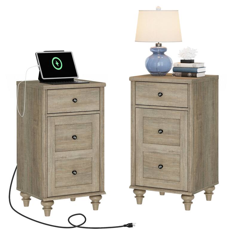 Set of 2 End Tables with Charging Station & Drawer Storage Cabinet