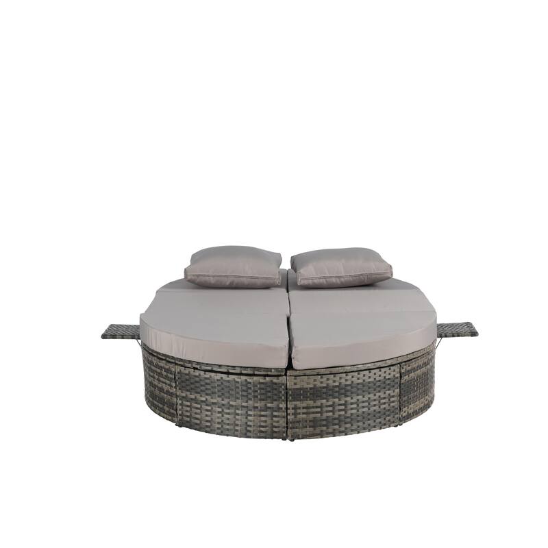 Outdoor Patio Rattan Round Daybed Sunbed with Adjustable Backrests and Foldable Cup Trays