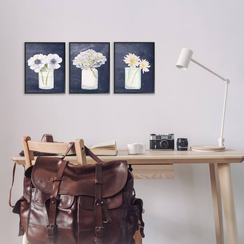 Stupell Farmhouse Flower Bouquets Navy Blue White Painting,3pc,3pc Multi Piece Framed Wall Art Set