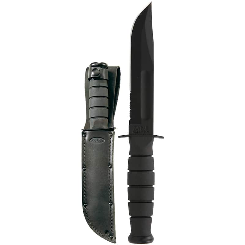 KA-BAR 5.25" Fixed Blade Short Serrated Knife w/ Sheath - Black