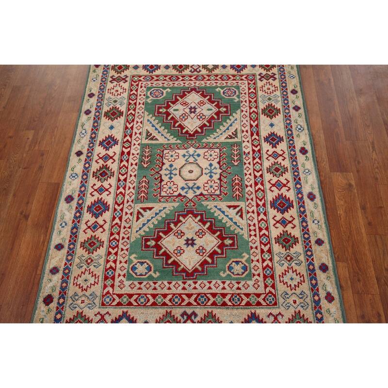 Kazak Oriental Accent Rug Handmade Green Wool Carpet - 3'3" x 4'8"