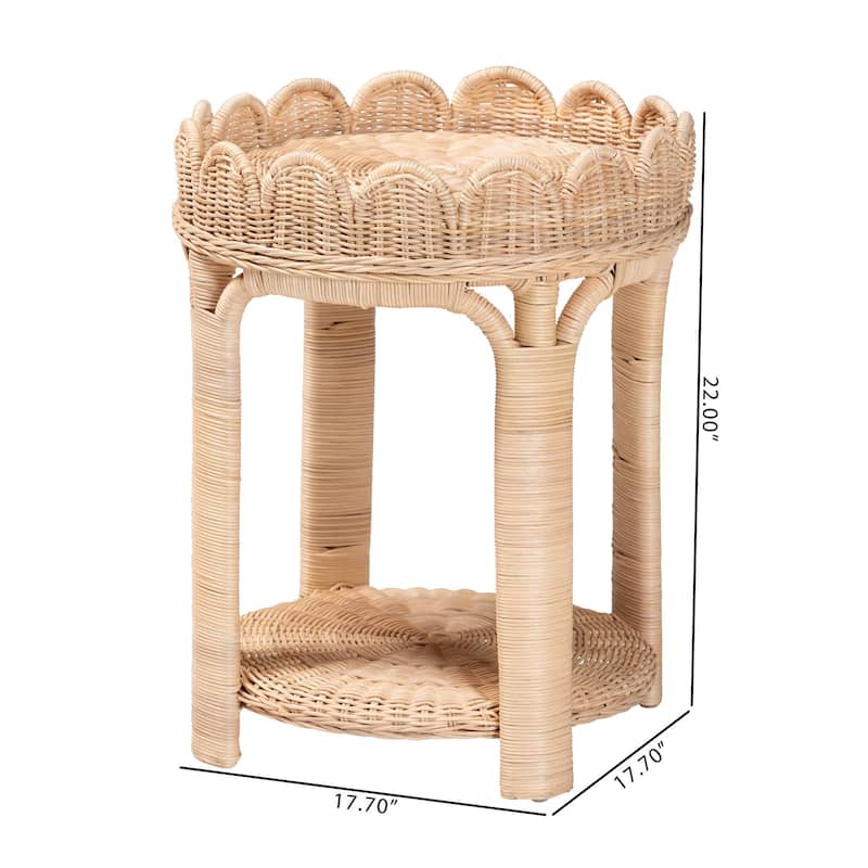Latoya Natural Rattan End Table - Handwoven Wicker 2-Tier Side Table with Scalloped Border for Living Room or Bedroom