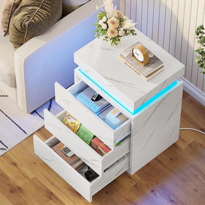 Bedroom Nightstand Charging Station LED Lights Sliding Top 3 Drawers