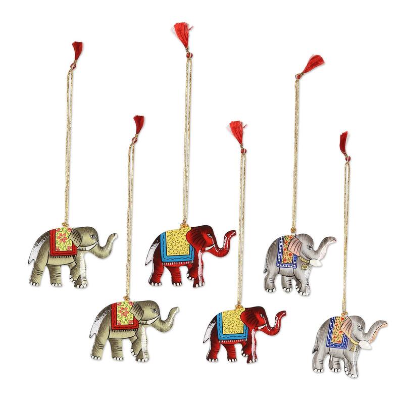 NOVICA Festive Elephants, Wood ornaments (set of 6) - 0.2" D