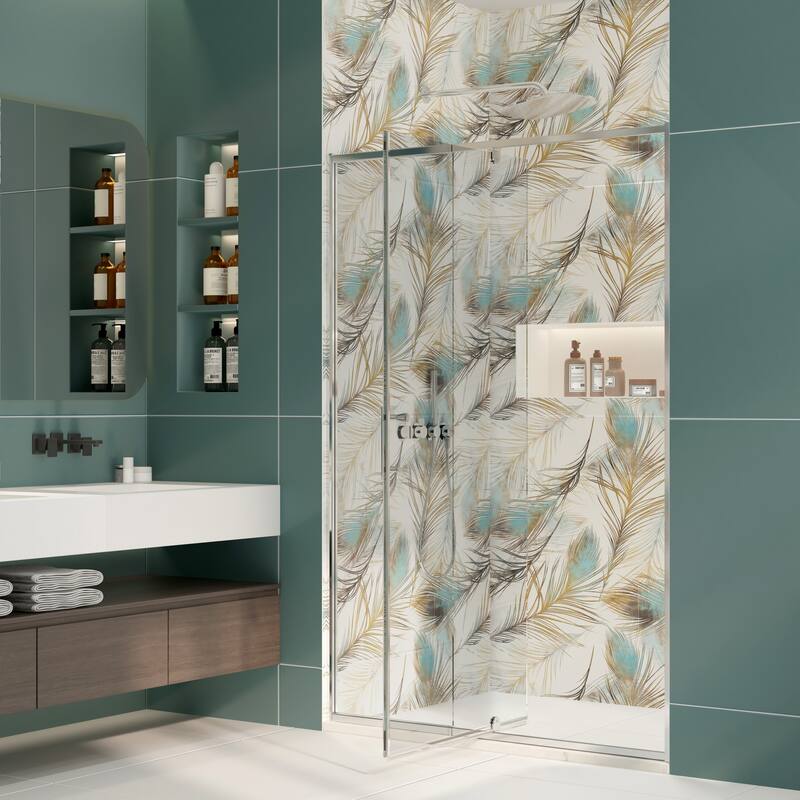 Modland 44-48 Inch Adjustable Pivot Shower Door - Magnetic Seal, 1/4" Tempered Glass, Reversible Black/Chrome - 48 x 71