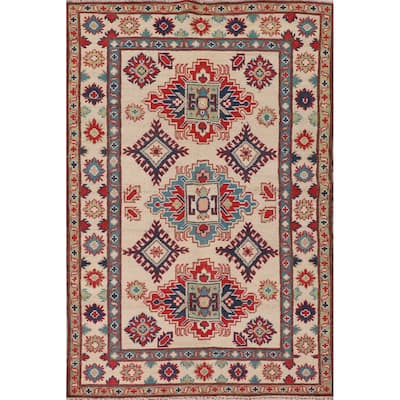 Beige / Ivory Kazak Oriental Accent Rug Handmade Wool Carpet - 3'6"x 5'2"