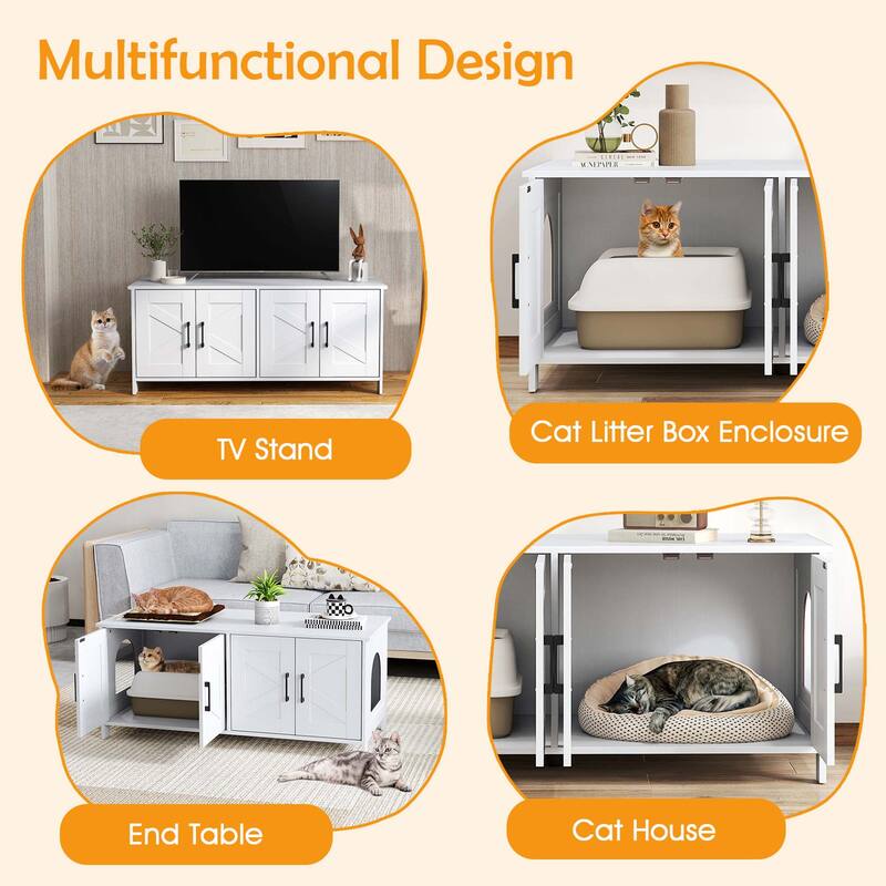 Gymax Cat Litter Box Enclosure for 2 Cats w/ Double Rooms Wooden Cat