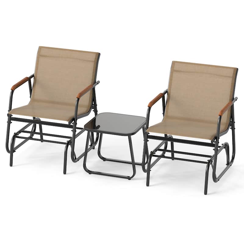 3-Piece Outdoor Patio Glider Set with Rocker Chairs Teak Arms and Tempered Glass Table - 29" x 24" x 33"