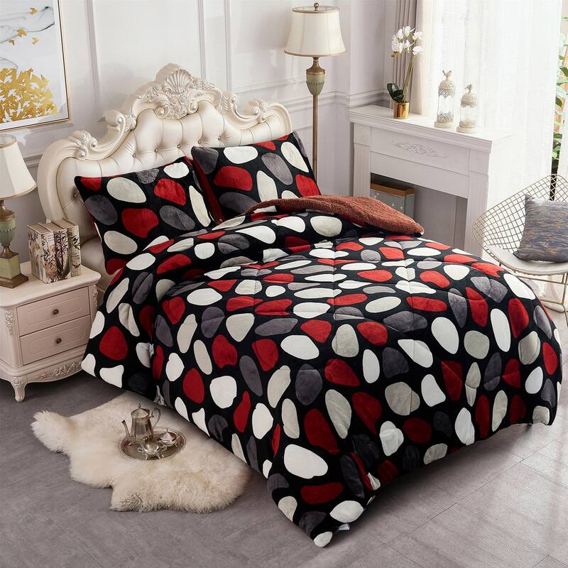 3-Piece Floral Printed Sherpa-Backing Reversible Comforter Set - Red Stone - King