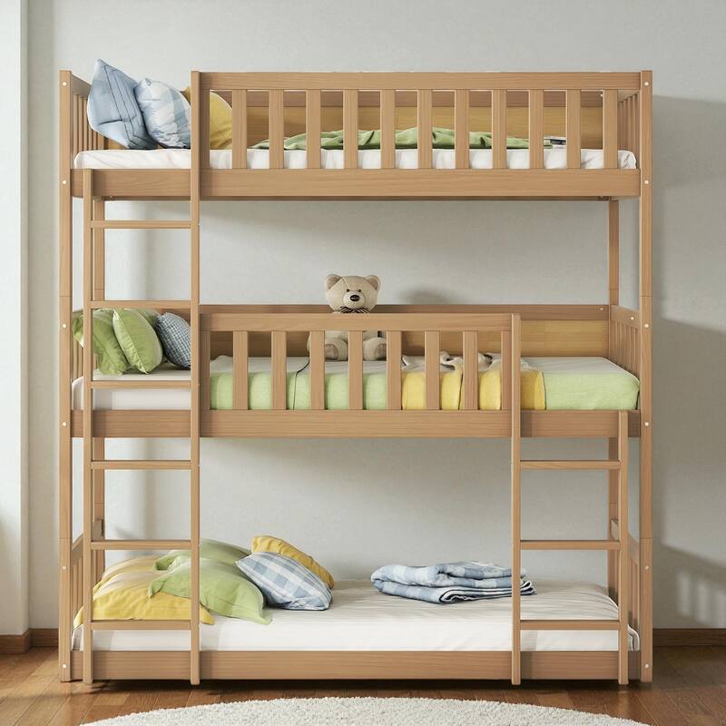 Twin Over Twin Over Twin Rubber Wood Triple Bunk Bed with Guardrails and Ladders, Detachable Convertible Triple Twin Bed Frame - White Oak - Twin