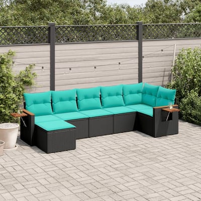 vidaXL 7 Piece Patio Sofa Set with Cushions Black Poly Rattan