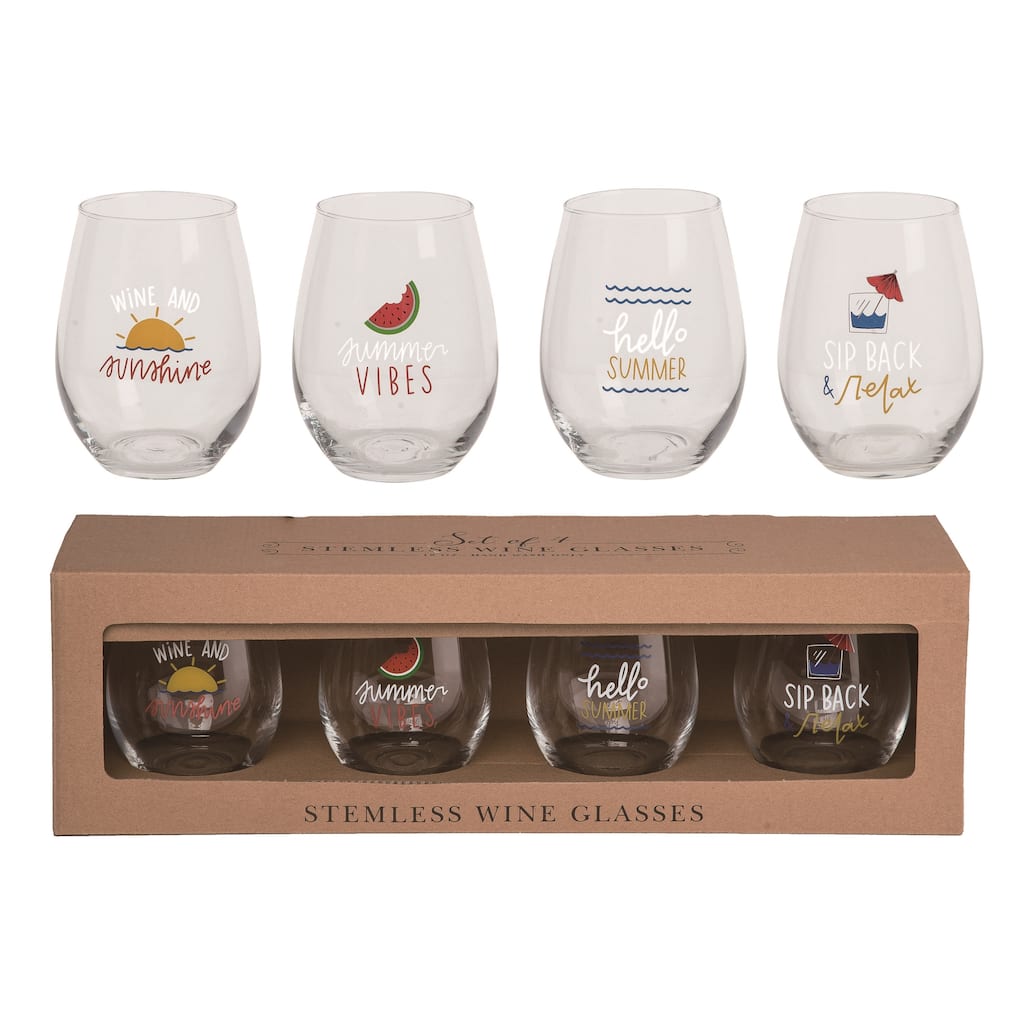 Transpac Glass 18 oz Multicolor Spring Stemless Summer Vibes Wine Glasses Set of 4