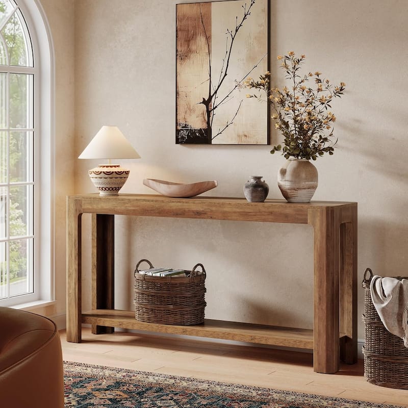63 Inches Brown Engineered Wood Console Table, 2-Tier Behind Couch Sofa Table for Living Room - Brown