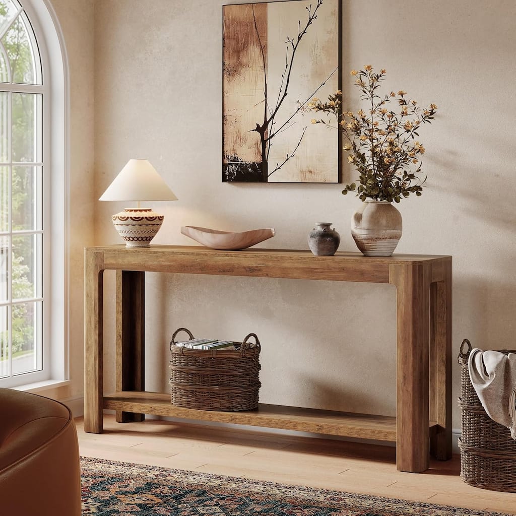 63 Inches Brown Engineered Wood Console Table, 2-Tier Behind Couch Sofa Table for Living Room
