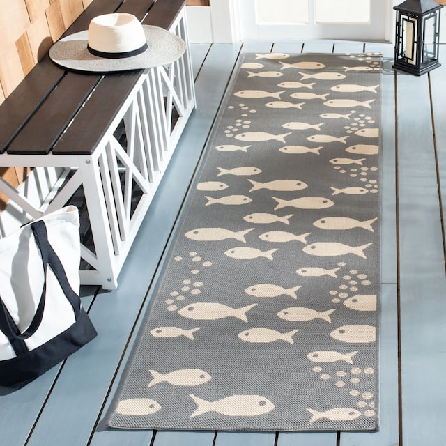 SAFAVIEH Courtyard Illa Indoor/ Outdoor Waterproof Patio Backyard Rug - 2'3" x 14' Runner - Dark Grey/Beige