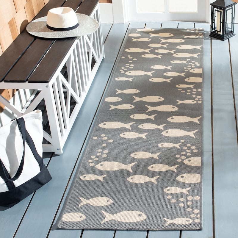 SAFAVIEH Courtyard Illa Indoor/ Outdoor Waterproof Patio Backyard Rug - 2'3" x 14' Runner - Dark Grey/Beige